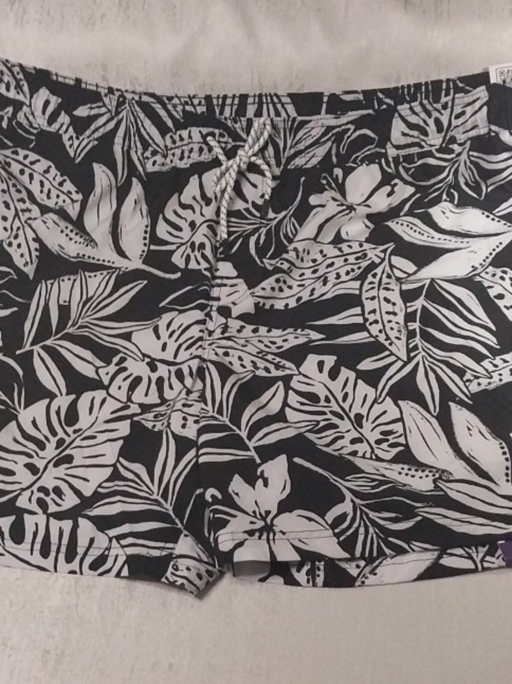 Men’s Black & White Tropical Print Swim Trunks with Drawstring